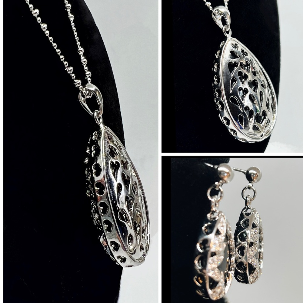 Silver-Tone Teardrop Obsidian Stone Encased Crystal Pendant & Matching Earrings - Picture 6 of 9